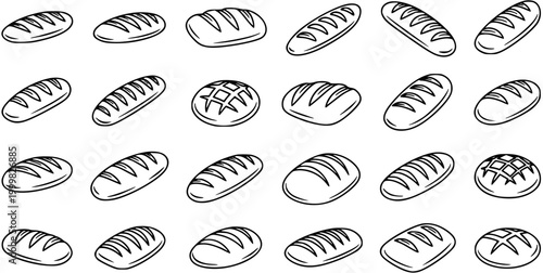 Black and White Line Art of Various Loaves of Bread, Food Icons
