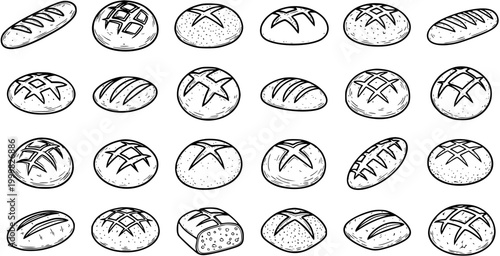 Black and White Line Art Illustrations of Assorted Bread Loaves, Bakery Vector
