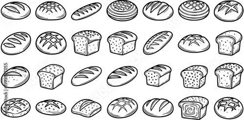 Black and White Line Art Collection of Various Freshly Baked Bread Loaves, Vector Icons