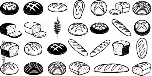 Black and White Line Art Collection of Assorted Bread Loaves and Wheat Stalk