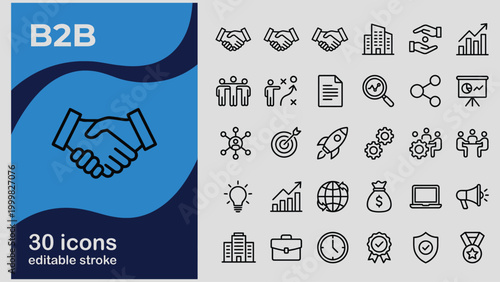 A collection of 30 editable stroke business icons representing concepts like B2B partnerships teamwork strategy and corporate success useful for presentations and design