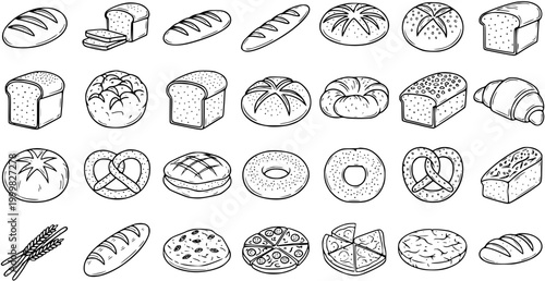 Food and Bakery Black  White Line Art Vector Illustration Set. Various Bread, Pastries, Croissant, Pizza, Donut, and Pretzel Outline Icons Collection.