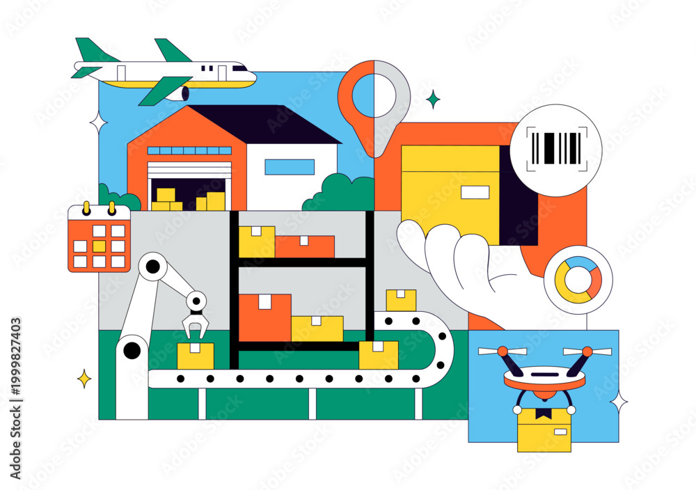 Naklejka premium Logistics Vector Illustration Featuring Global Shipping Delivery Supply Chain Warehouse Cargo Transport Across Air Sea And Land Freight Design
