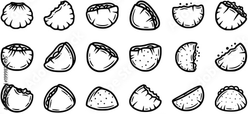 Black and White Line Art Icons of Dumplings and Wontons, Various Folds and Fillings