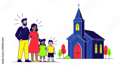 Diverse Family Standing Near Blue Church Building Illustration