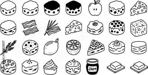 Food and Drink Black and White Line Art Icons Collection. Delicious Bakery, Dessert, and Breakfast Items, Ingredients, and Snacks Outline Illustrations Set.