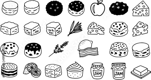 Quadro su tela Hand Drawn Black and White Line Art Icons of Food and Baking Elements