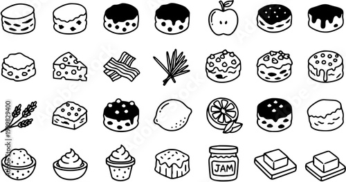 Black and White Line Art Food Icons: Sweet Desserts, Fruits, and Savory Snacks
