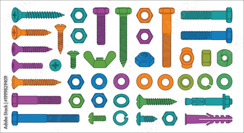 Foto colorful screws nuts bolts and washers vector illustration