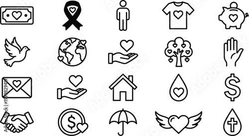 Charity and donation icon set featuring love support giving care fundraising and nonprofit symbols outline vector collection