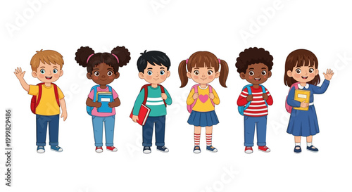 Diverse group of happy elementary school children wearing backpacks and holding colorful books