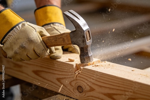 Person hammering wood with gloves