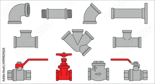 various plumbing fittings and valves in vector style