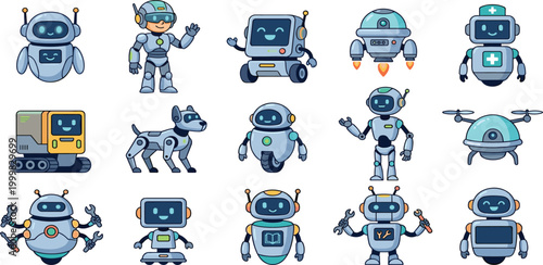 Collection of cute cartoon robot characters with friendly AI droids and medical bots for futuristic technology education and science design vector.