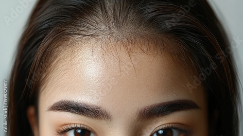 Close-up extreme portrait of a young woman's forehead and eyes, showing sweat and oily skin under bright lighting