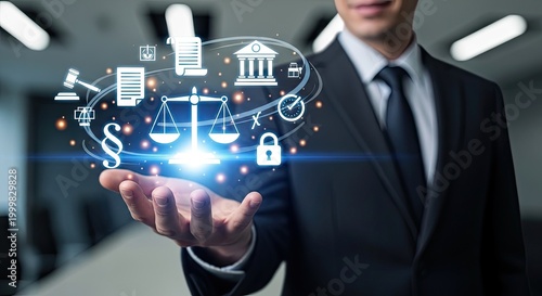 Lawyer holding digital scales of justice in modern office