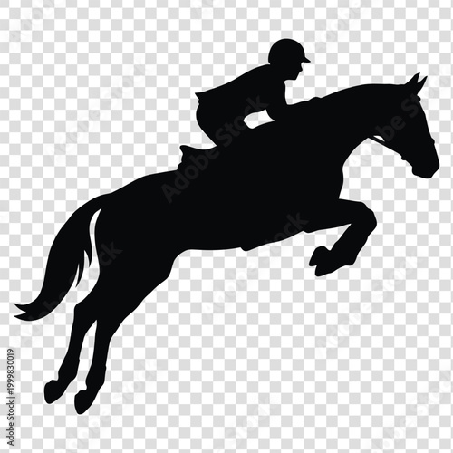 Silhouette of a skilled equestrian rider on a horse jumping over an obstacle
