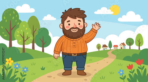 Cartoon man with brown beard smiling.