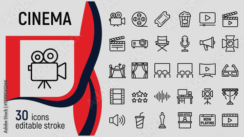 Collection of 30 cinema and film industry related line art icons representing various aspects of movie production and viewing experiences