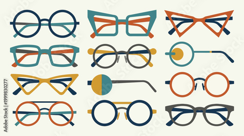 Colorful assortment of eyeglasses displayed.