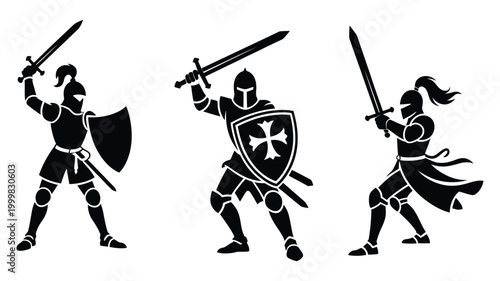 Silhouettes of medieval knights engaged in combat with swords and shields in battle scene, historical warfare illustration