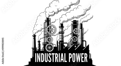 Industrial power plant factory building silhouette with smoke and gears.