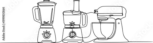 A single continuous line drawing featuring a blender, a food processor, and a stand mixer setup. Vector, illustration
