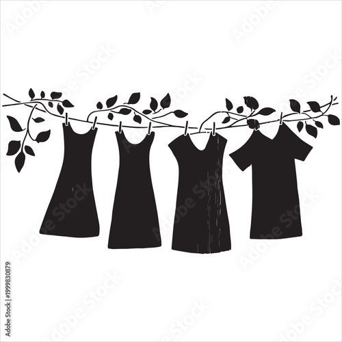Black silhouette of clothesline with hanging garments and leafy branches isolated on white high quality professional detailed modern elegant stylish clean