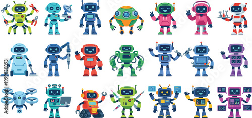Large set of cute cartoon robot characters featuring friendly artificial intelligence droids drones and futuristic cyborg mascots for technology education kids science 