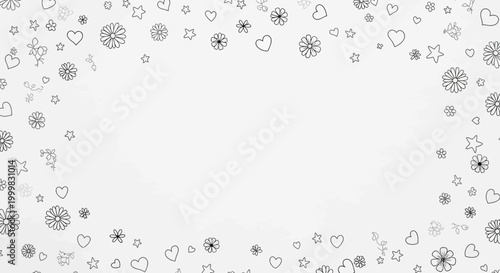 Hand drawn doodle frame with hearts flowers and stars on light background.