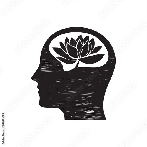 Lotus flower silhouette inside a human head profile black and white graphic design high quality professional detailed modern elegant stylish clean