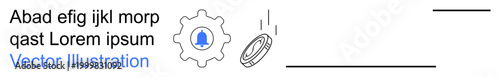 Digital settings, notifications, data processing, system configurations, internet technology, automation. Blue bell inside a gear, floating ring and dots. Digital settings and notifications concept