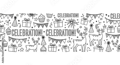 Seamless Pattern of Hand Drawn Celebration Doodles and Festive Elements.