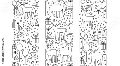 Set of three vertical seamless patterns featuring hand drawn festive deer and celebration icons.