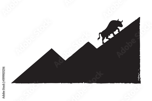 Bull silhouette climbing a rising graph black and white vector illustration on a transparent background high quality professional detailed modern elegant