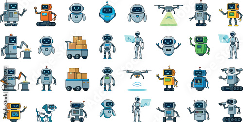 Massive collection of cute cartoon robot characters featuring delivery droids industrial welding bots and smart technology drones for futuristic science and artificial intelligence vector.