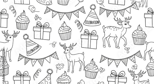 Seamless hand drawn birthday pattern with deer and party elements.