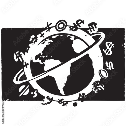 Black and white silhouette of earth with orbiting ring and surrounding symbols on a distressed background high quality professional detailed modern