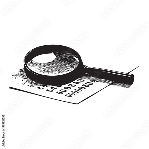 Magnifying glass over a document with numbers black and white line drawing style high quality professional detailed modern elegant stylish clean