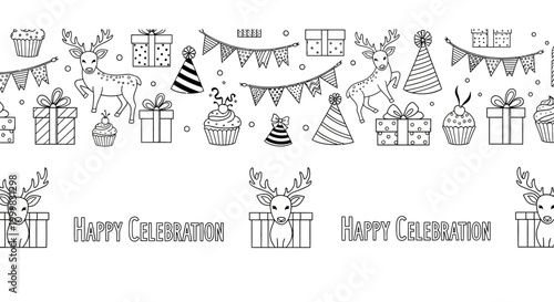 Seamless Pattern of Festive Doodle Illustrations for Celebration and Holiday Design.