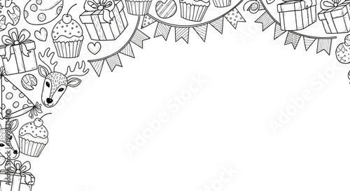 Hand drawn birthday and holiday celebration doodle frame border.