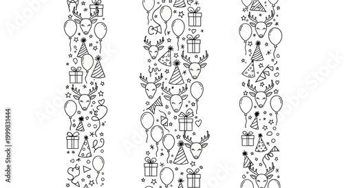 Set of three seamless vertical borders with hand drawn deer and birthday party elements.