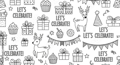Seamless pattern with hand drawn birthday elements and Let is celebrate text.