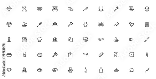 Butcher shop icon set. Vector illustration of meat, tools and equipment like cleaver, knife, apron, meat grinder, pork, chicken, steak and more.