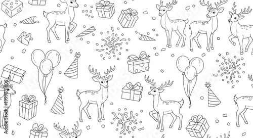Seamless Pattern of Hand Drawn Christmas Reindeer and Holiday Gifts.