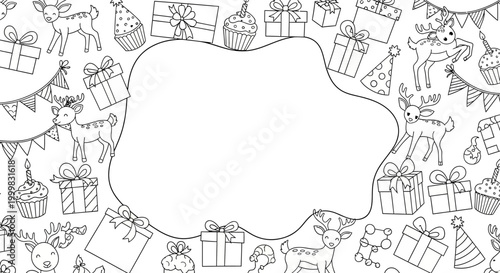 Hand drawn doodle frame with festive party elements.
