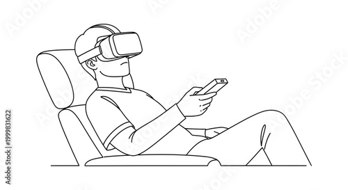 Man wearing vr headset and holding controller while sitting in a chair line art illustration technology