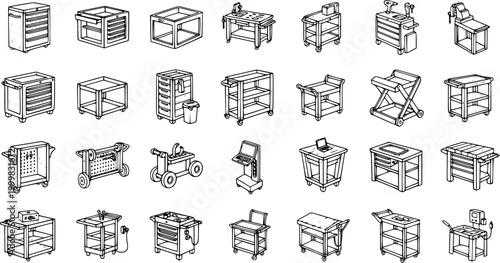 Automotive, Industrial  Workshop Tool Carts, Trolleys, and Workbenches Vector Icon Set. Black and White Line Art Collection of Utility Storage.