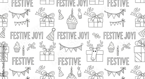 Seamless hand drawn festive celebration pattern with gifts and party elements.