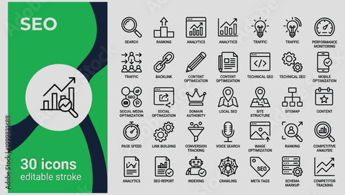 Collection of 30 search engine optimization icons representing various aspects of digital marketing strategy and website performance analysis